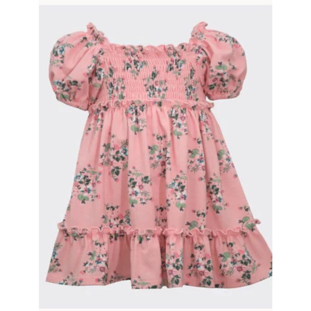 Bonnie Jean Pink & green knit puff sleeve smocked ruffle hem floral dress 4T NWT